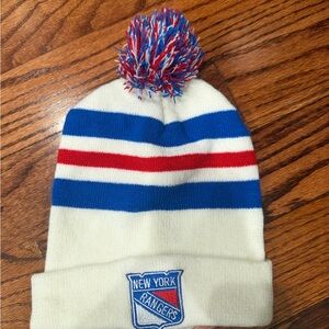 NHL New York Rangers White Knit Pom Beanie with Blue & Red Stripes
